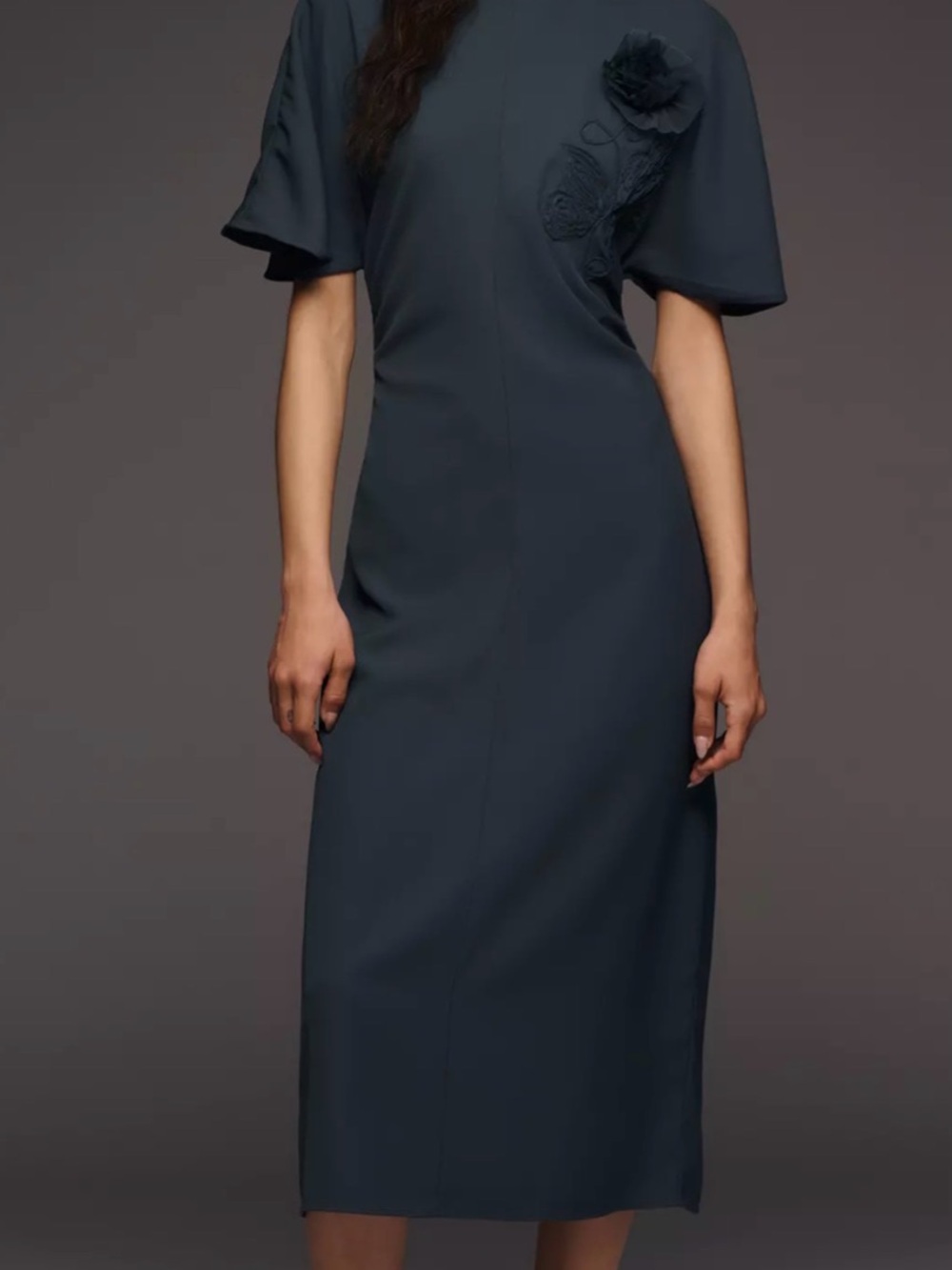 Anthropologie Slate Blue Midi Dress with Floral Applique